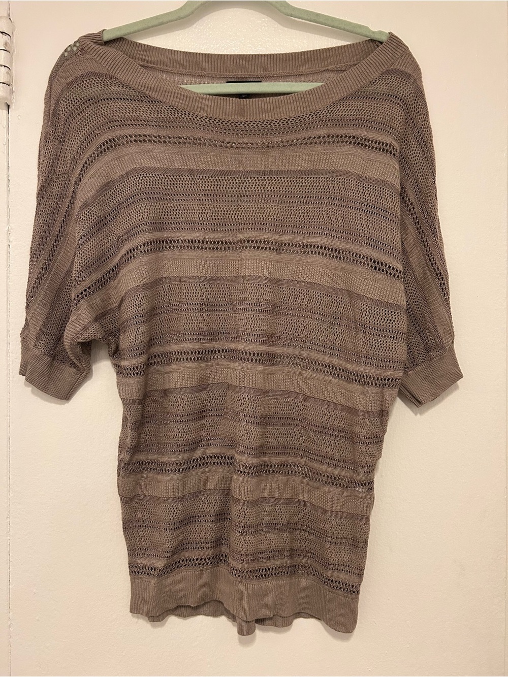 Express Light Taupe Open-Knit Crewneck Sweater